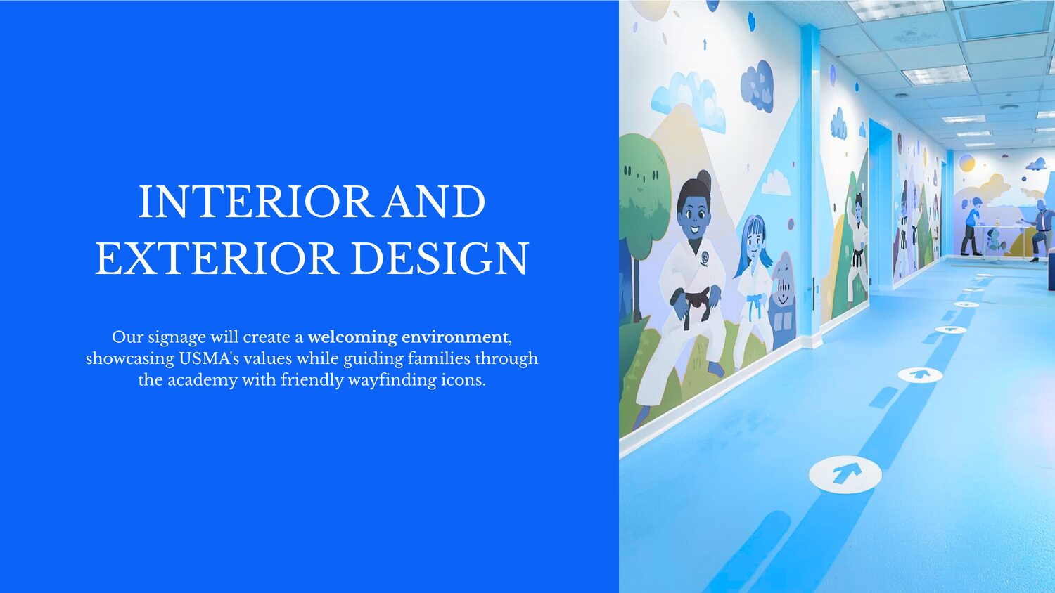 USMA academy interior with illustrated wall mural and floor wayfinding